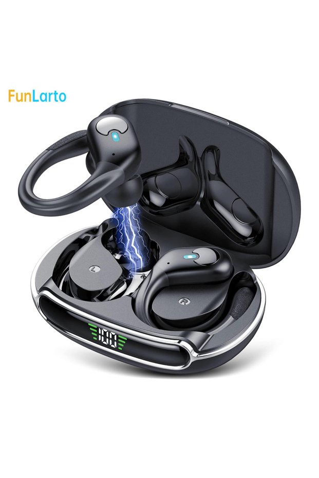 black Sports Bluetooth Earphones IPX7 Waterproof Wireless Headphones 60hrs Music with Mic LED Power