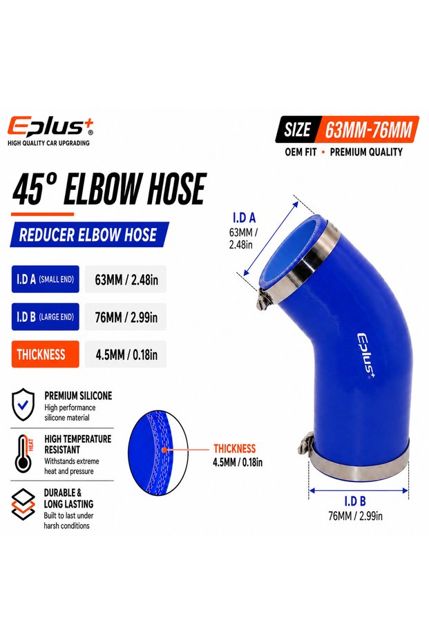 63MM-76MM Blue Silicone Tubing 45 Degrees Reducer Hose Coupler Universal Car Intake Intercooler Turb