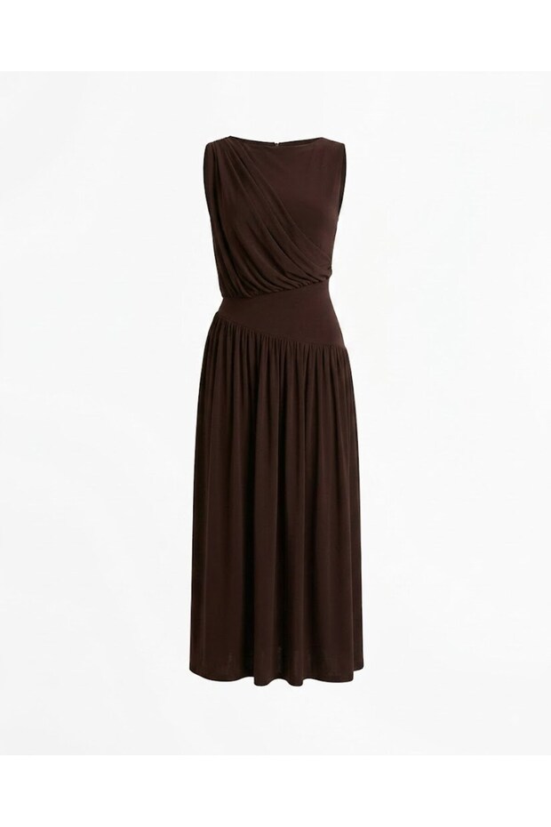 Coffee Draped Zero-Sleeve Modal Dress