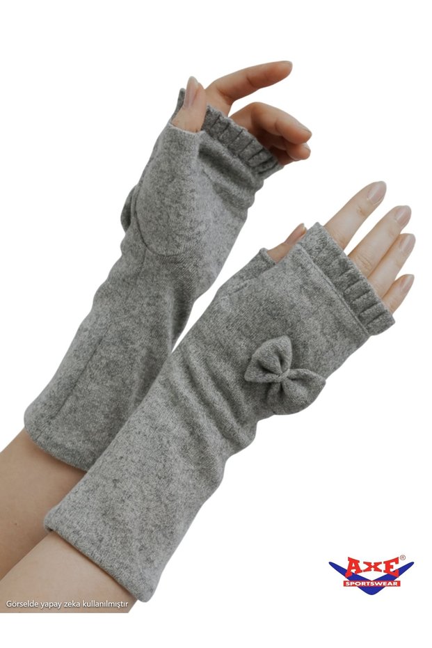 Women's Winter Soft Textured Fingerless Cashmere Long Gloves with Bow and Ruffle Detail