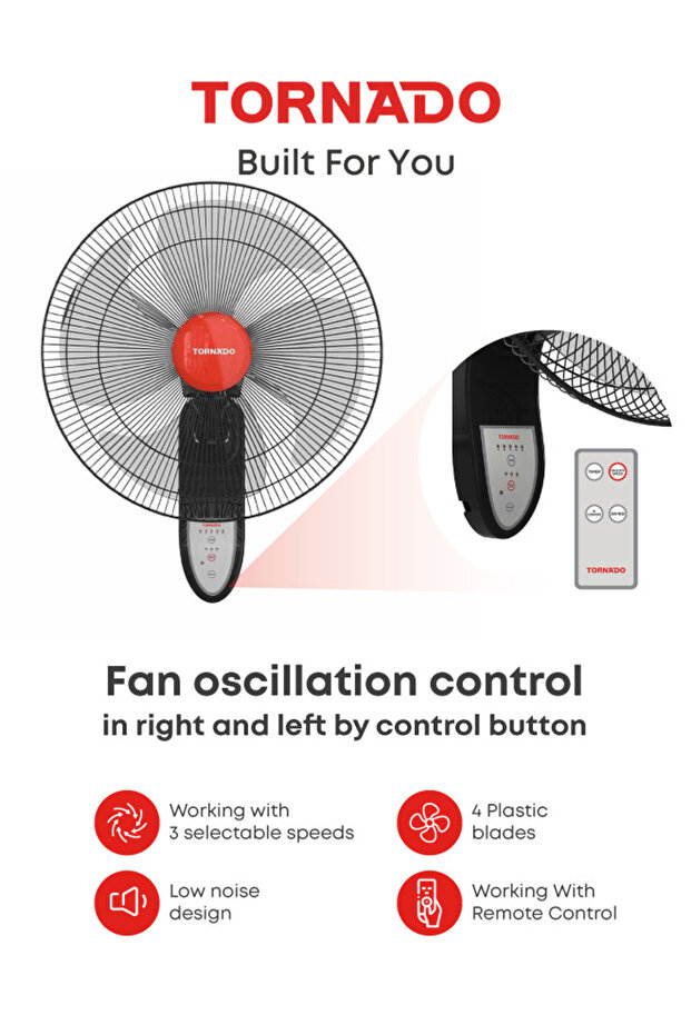 Wall Fan, 18 inch, Oscillation Directions, 3 Speed Levels 4 Blades with Remote Control, Best for Home & Office, Black x Red - EPS-18R