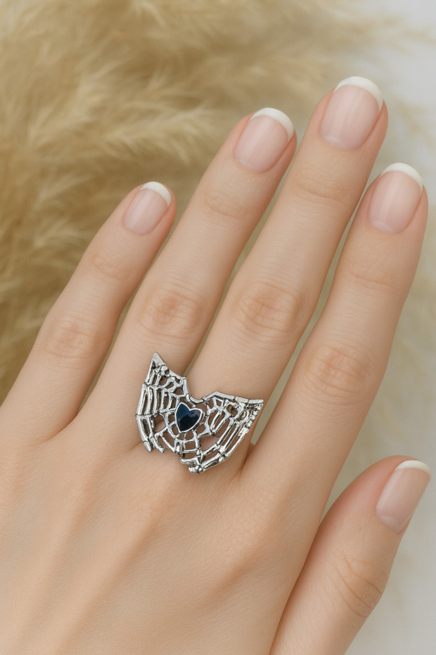 Spiderweb Gothic Ring with Black Heart in the Center – Dark Symbol of Love, Power, and Mystery
