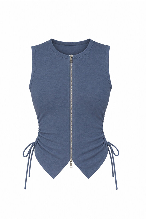 Women's Anthracite Front Zipper Adjustable Side Gathered Lycra Sleeveless Crop Top (95% Cotton)