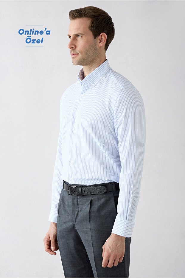 Long Sleeve Regular Fit Striped Button Collar Cotton Piece Easy to Wear Shirt
