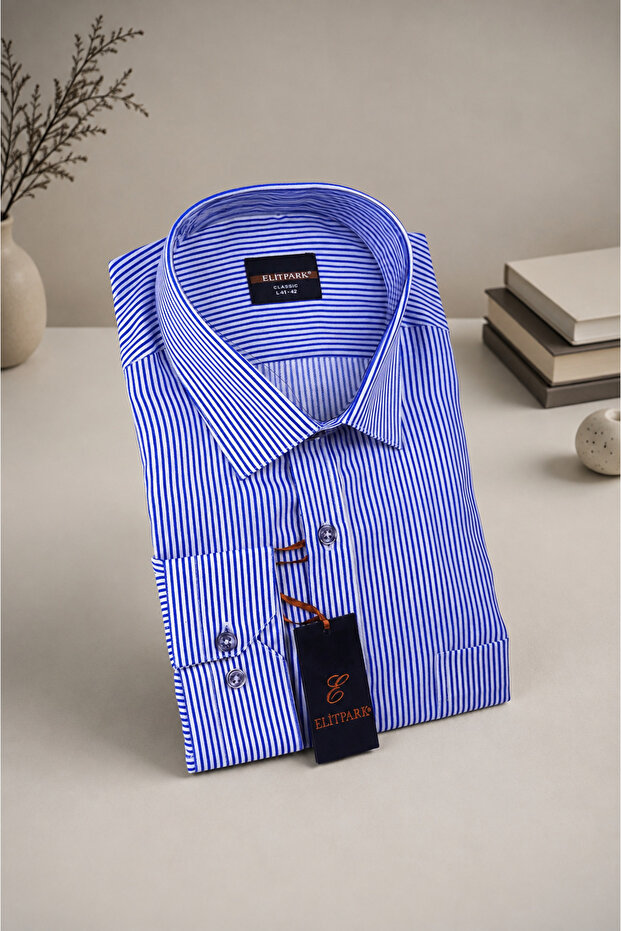 Exclusive Line Navy Blue Cotton Pocketed Striped Long Sleeve Premium Men's Shirt
