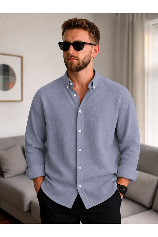 Men's Linen Look Summer Shirt – Iron-Free, Breathable, Comfortable Fit in Cotton Pieces