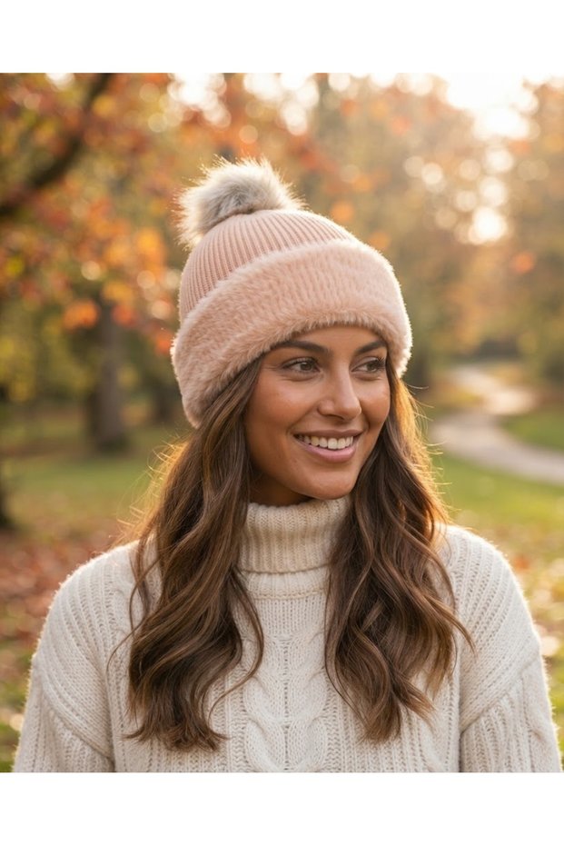 Soft Textured Pompom Women's Huzi Mars Beanie Fo 2576 Apricot - Warm Winter Beanie with Furry Fold Cuff, Furry Pompom, and Warm Keeping Features