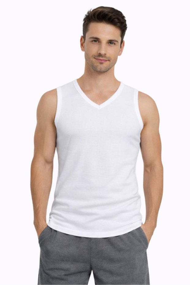 Men's Ribbed V-Neck Sleeveless White Undershirt 921