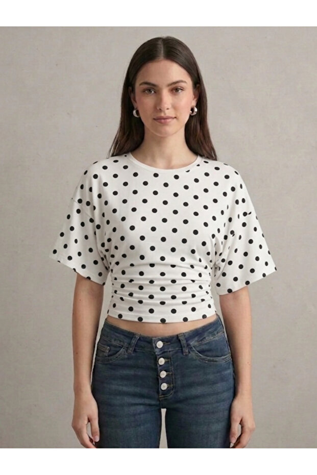 Polka Dot Waist-Fitted Flattering Wide-Sleeve Blouse