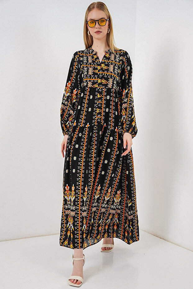 Women's Patterned Long Hijab Dress 2585 - N. Black