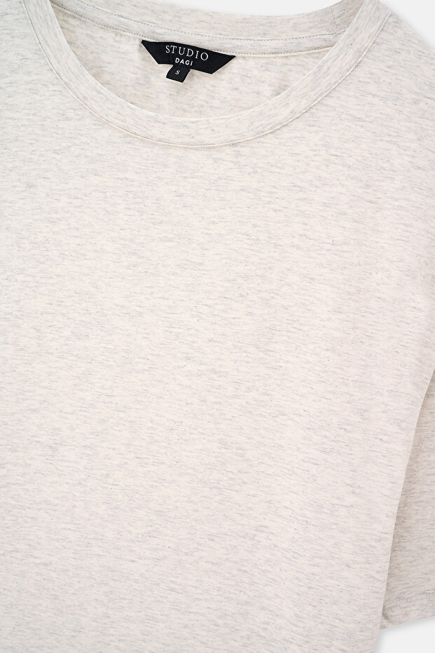 Ecru Melange Crew Neck Basic T-Shirt - 3
