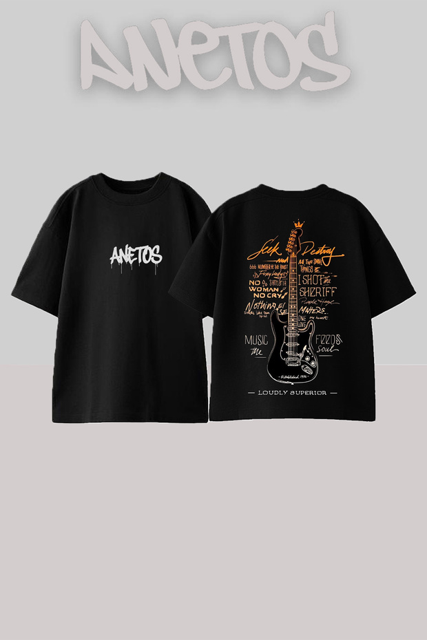 Electric Guitar Design Back Printed Cotton Black Oversize T-Shirt