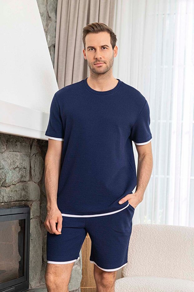 Men's Short Sleeve Shorts Piping Detail Waffle Fabric Pajama Set 260105 Navy Blue