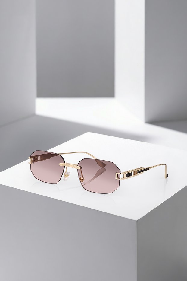Geometric Rimless Women Sunglasses with Uv400 Protection Gold Pink Black Color Plg-2123C4