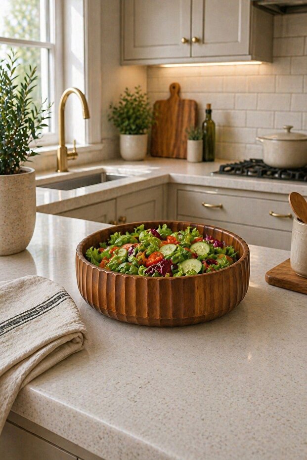Acacia Striped Bowl, Large Size 22*6cm Fruit Bowl Bread Bowl Salad Appetizer Bowl Curve Bowl Presentation Tray