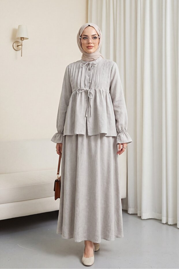 Linen Look Suit with Half Buttoned Sleeves, Elasticated Front, and Tie-Front Skirt - Light Gray
