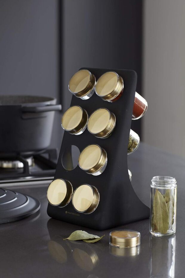 8 Jar Spice Rack with Glass Spice Jars, Matt Black Stand with Brass Finish