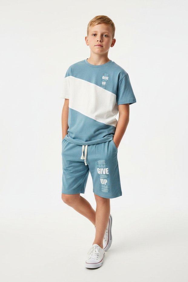 Boy's 2-Piece Shorts Set, Crew Neck Short Sleeve T-Shirt with Garni Detail, Tie-Up Bottoms