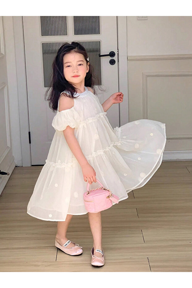 Girls Embroidered Cold-Shoulder Sleeve Dress