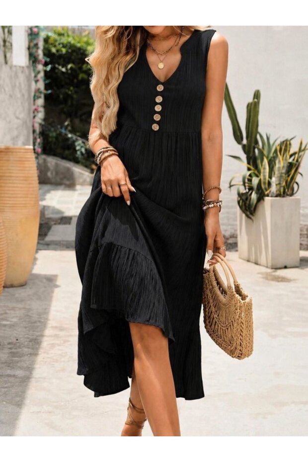 Women's Strappy V-Neck Buttoned Front Midi Wrap Dress