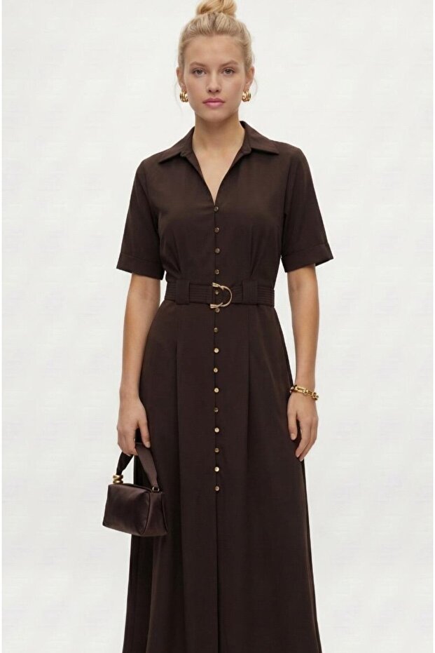 Women's Alisa Belted Gold Buttoned Long Woven Brown Shirt Dress