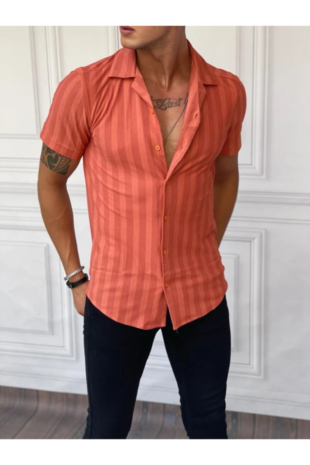 Vertical Pattern Detailed Regular Slim Fit Cotton Shirt