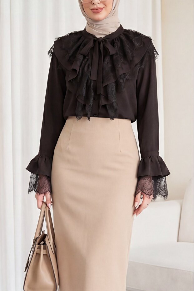 Cupra Ayrobin Shirt with Tie Collar, Guipure Lace and Flounced Sleeves - Dark Brown