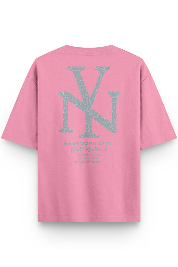 Women's / Men's Semi Oversize T-Shirt New York Back Printed Pink T-Shirt 1384