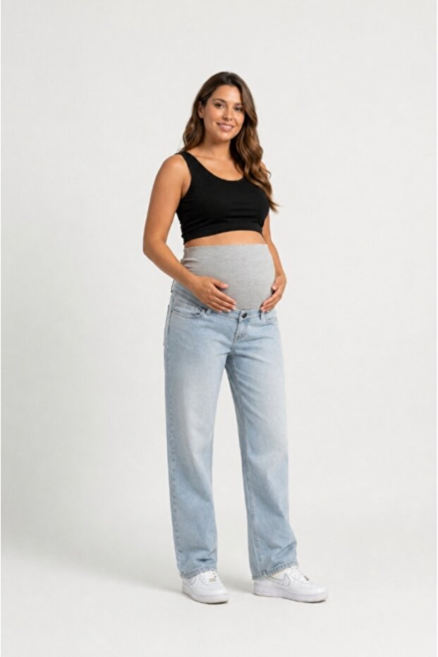 Baggy Jean Maternity Pants with Adjustable Waistband Design and Flexible Waistband
