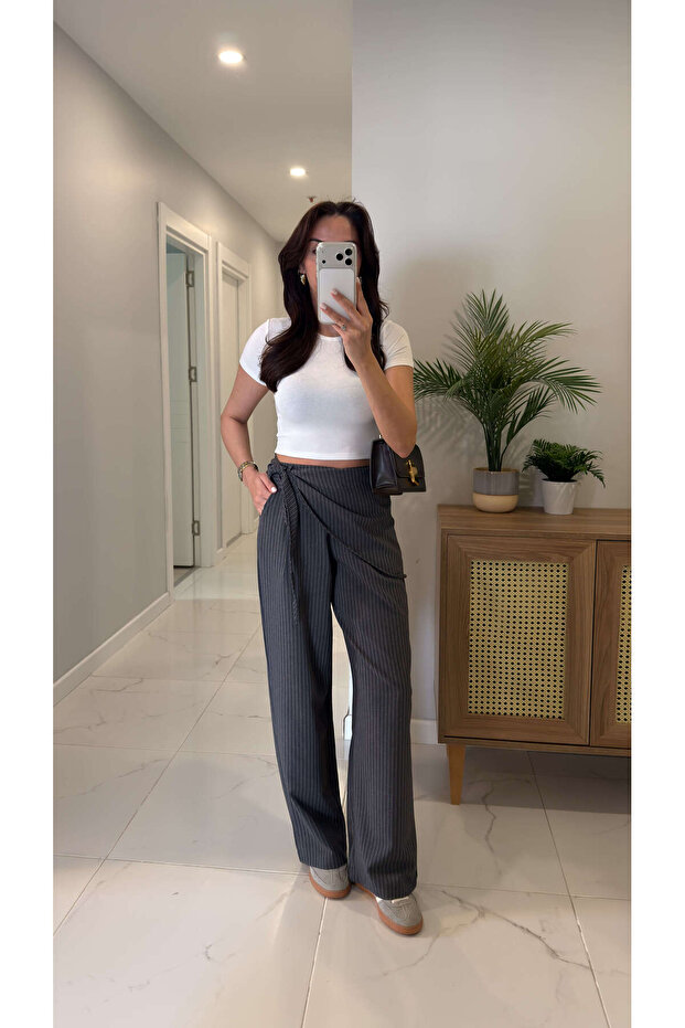 Firorte Anthracite Waist Detailed Striped Trousers