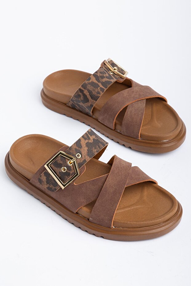 Ella Women's Tan-Leopard Skin Gold Detailed Poly Sole Slippers