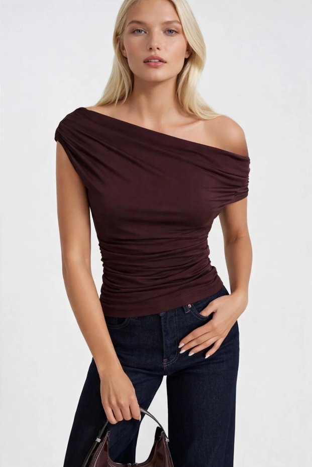 Women's Asymmetrical One-Shoulder Gathered Detailed Waist Blouse