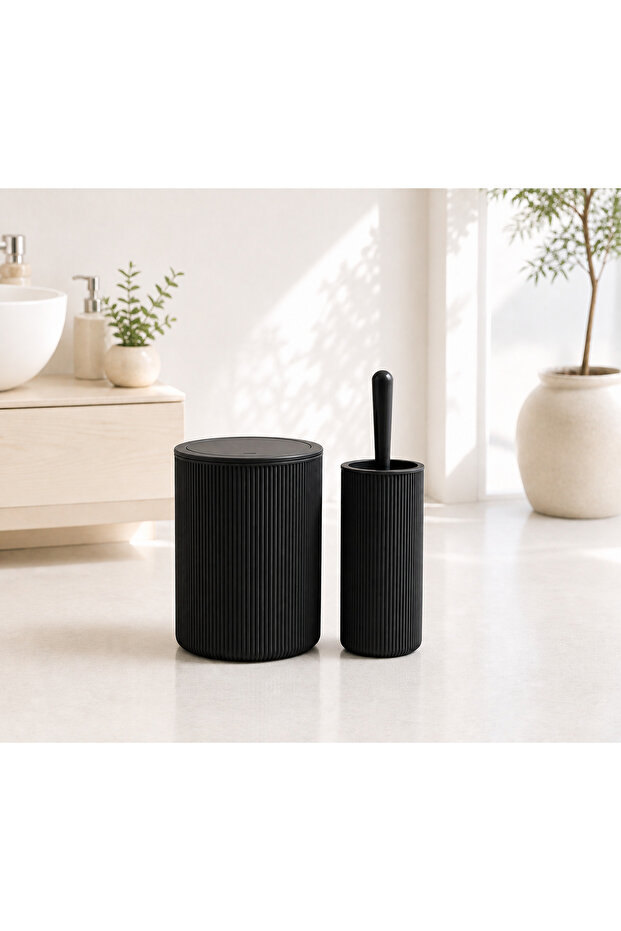 Modern Striped Bathroom Trash Can (6.25 Liters) & Toilet Brush Set – Set of Two, Durable Plastic