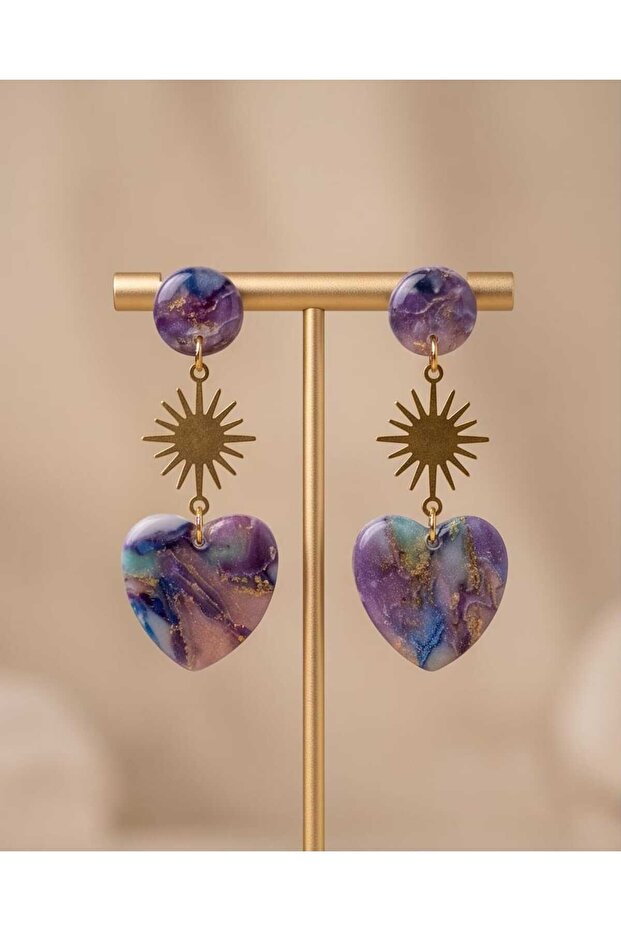 Purple Galaxy Star Heart Polymer Clay & Epoxy Handmade Design Earrings