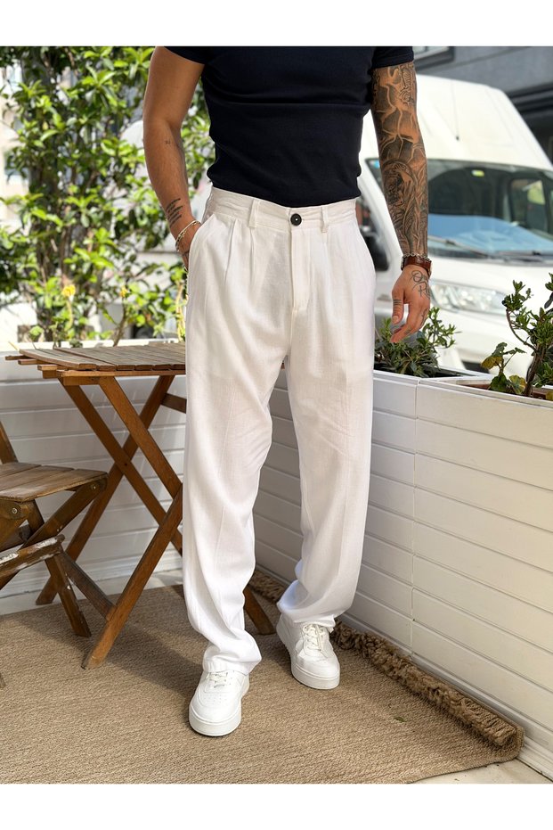 Pleated Viscose Linen Baggy Trousers Cream