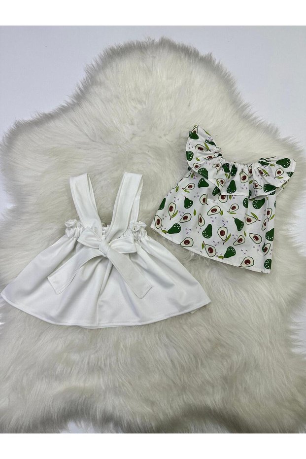 Girl's 2-Piece Set with Adjustable Straps, White Color Salopet & Madonna Collar Blouse Set