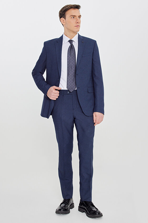 Men's Navy Blue Slim Fit Slim Fit Mono Collar Patterned Suit