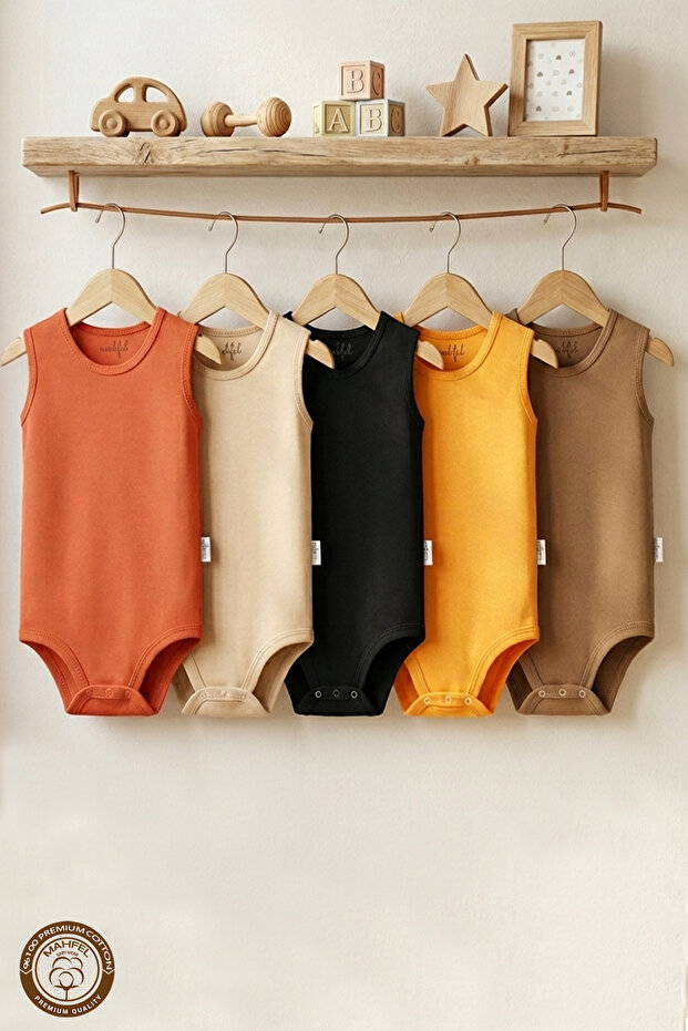 100% Organic Cotton Snap Fastener Sleeveless Baby Bodysuit 5-Pack