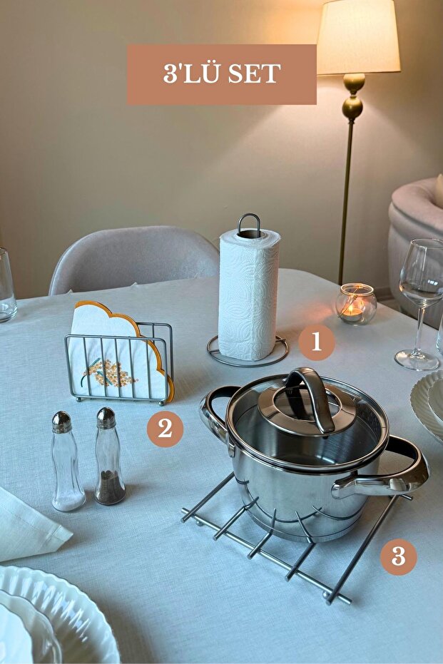 Set of 3 Matte Silver Trivet Cage Napkin Holder Upright Paper Towel Holder Kitchen Set