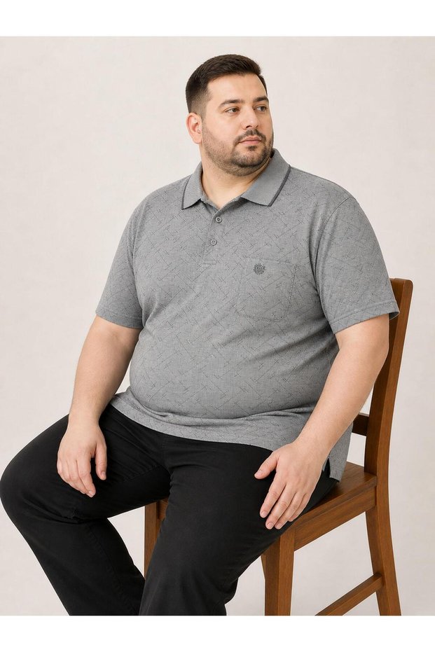 Plus Size Collared Short Sleeve Pocketed Patterned T-Shirt 7646