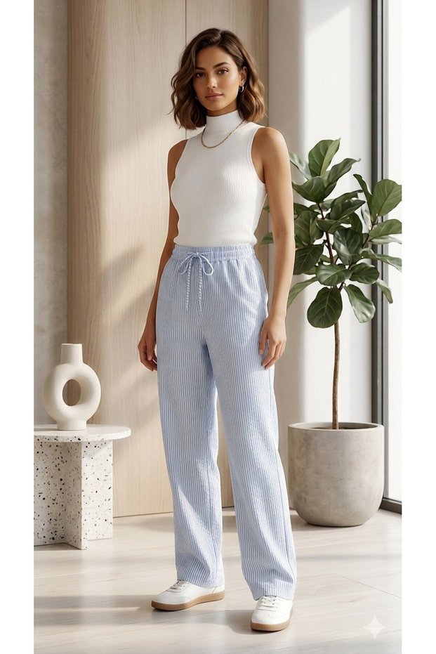 Women's Relaxed Fit Thin Striped Elastic Waist Cotton Pants