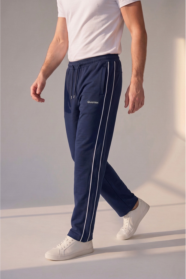 Navy Blue Double Ribbed Side Pocket Zippered Comfortable Cut Combed Cotton Sweatpants Straight Leg Casual Sports Sweatpants