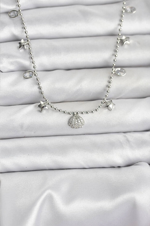 Brass Silver Color Zircon Stone Seashell Model Women's Necklace