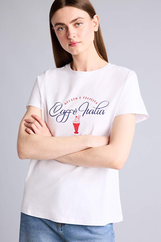 100% Cotton Regular Fit Crew Neck Slogan Printed Combed Cotton Short Sleeve T-Shirt H8703Ax26Sm