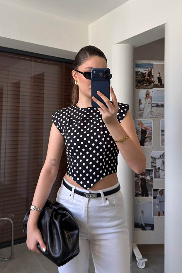 Padded Polka Dot Patterned Blouse with Back Zipper - Black