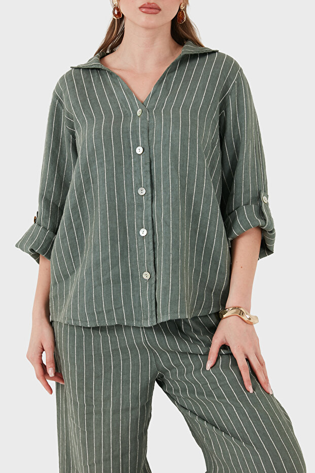 Striped Relaxed Fit Long Sleeve Linen Shirt Shirt 6684Rn