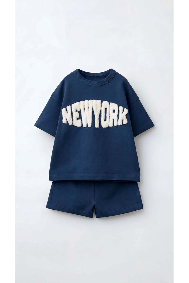 Boy's Cotton Blue New York Letter Appliqué T-Shirt Shorts Set