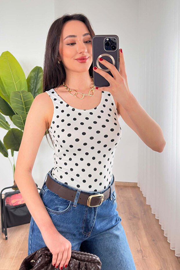 Polka Dot Crew Neck Fit White Tank Top Blouse