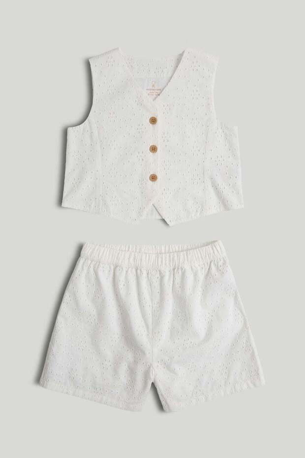 White Broderie Waistcoat and Shorts Outfit