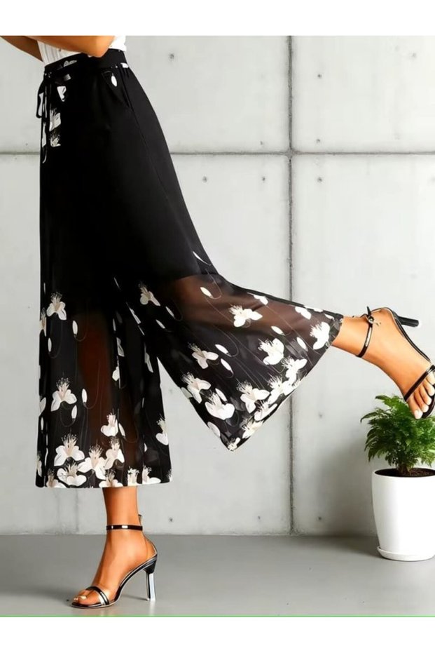 Women's High Waist Belted Detailed Floral Printed Lined Chiffon Trousers